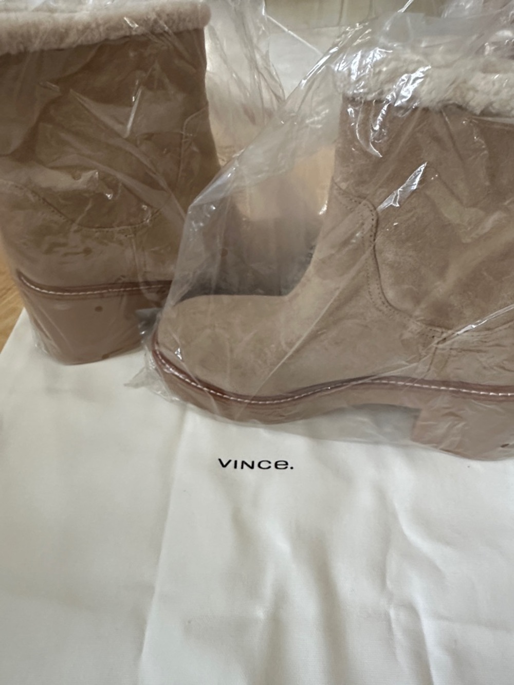 Vince Taupe Suede Shearling-Trim Ankle Booties